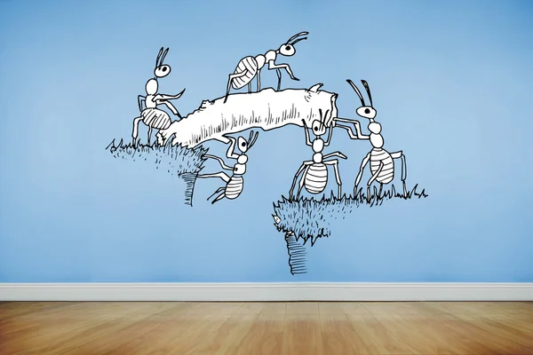 Mavi duvar üzerinde çalışma karıncalar — Stok fotoğraf