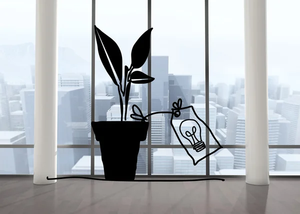Ampoule plante dans la chambre avec de grandes fenêtres — Photo