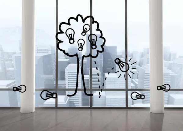 Лампочка дерева в комнате с большими окнами — стоковое фото