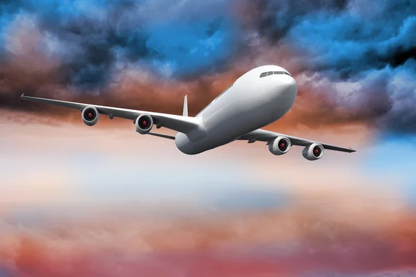 3D αεροπλάνο που φέρουν στο πολύχρωμο ουρανό — Φωτογραφία Αρχείου
