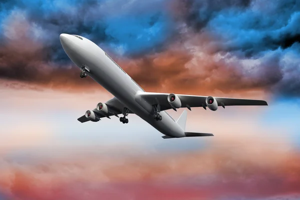 3D plane flying in colorful sky — Stock Photo, Image