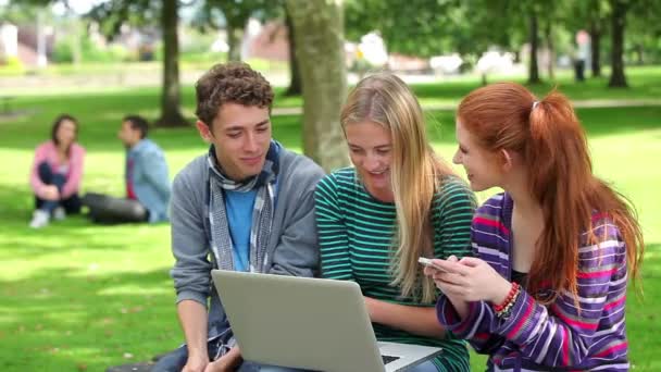 Трое студентов используют ноутбук вместе и смеются — стоковое видео