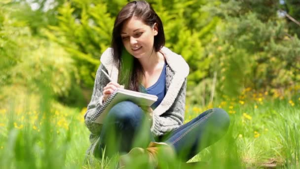 Feliz joven sentada en la hierba escribiendo en el bloc de notas — Vídeos de Stock