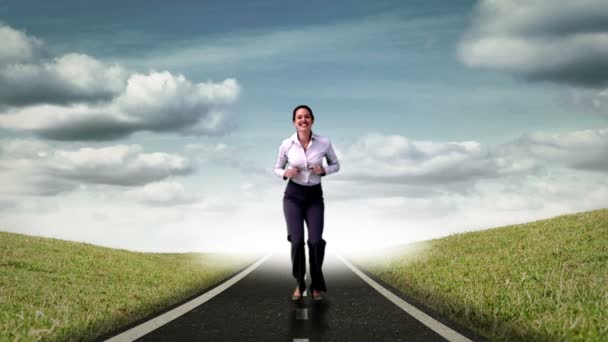 Cheerful young businesswoman jumping on street — Stock Video