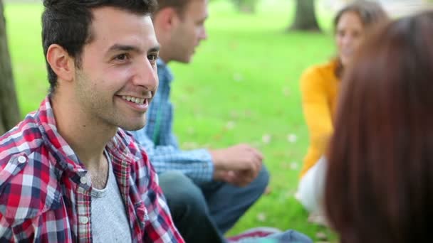 Glimlachend studenten samen chatten op het gras — Stockvideo