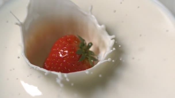 Strawberry falling in milk — Stock Video