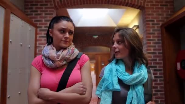 Två vackra studenter gående längs korridoren till skåp — Stockvideo