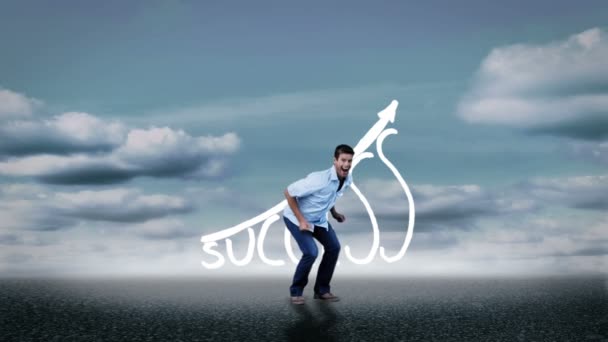 Веселый случайный человек, прыгающий перед графикой успеха — стоковое видео