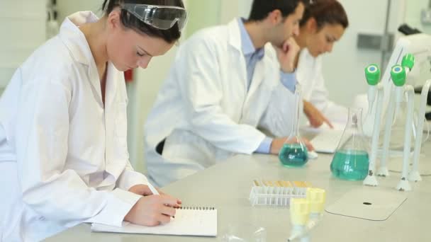 Estudantes de química trabalhando em uma experiência no laboratório — Vídeo de Stock