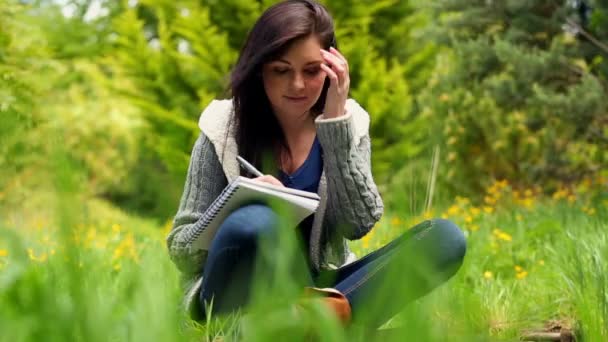 Smiling young woman sitting on grass writing on notepad — Stock Video