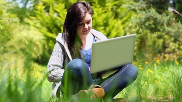 Glad ung kvinna sitter på gräset med laptop — Stockvideo
