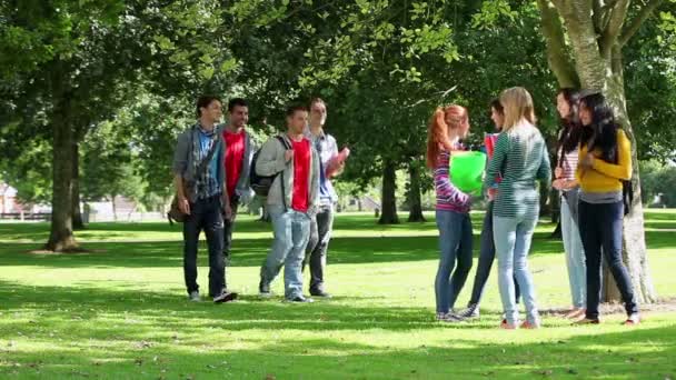 Studenten flirten samen buiten — Stockvideo