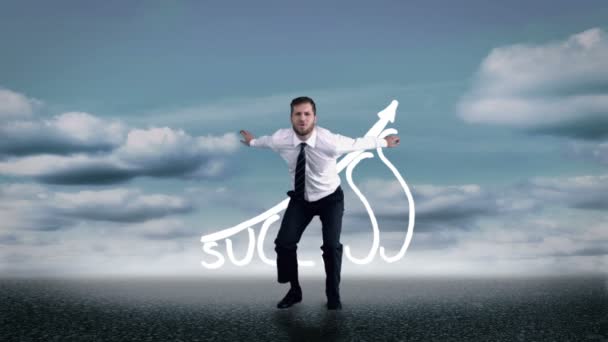 Handsome businessman jumping in front of success graphic — Stock Video