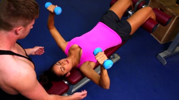 Attraktive, fitte Frau hebt Hanteln, die auf dem Trainingsgerät liegen — Stockvideo