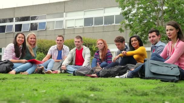 Estudiantes sentados en el césped hablando juntos — Vídeo de stock