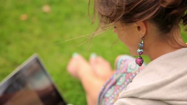 Mooie jonge student zittend op het gras met behulp van laptop — Stockvideo