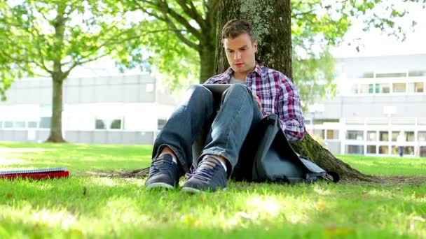 Tablet pc를 사용 하 여 잔디에 앉아 젊은 학생 — 비디오