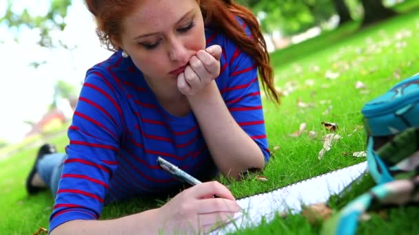 Mooie jonge student liggend op het gras bestuderen — Stockvideo