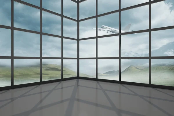Flygplan som flyger förbi fönster — Stockfoto