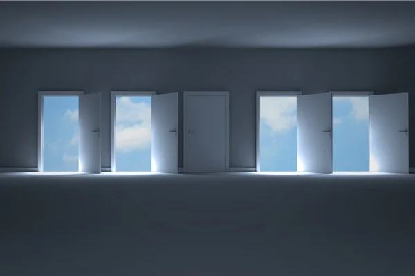 Doors opening in dark room to show sky — Stock Photo, Image