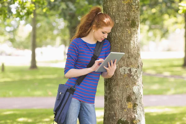 斜靠在一棵树，使用她的 tablet pc 的红发女学生 — 图库照片