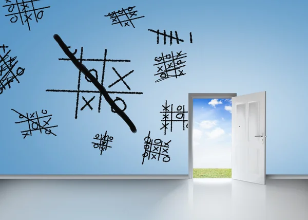 Brainstorm on blue wall with open door — Stock Photo, Image