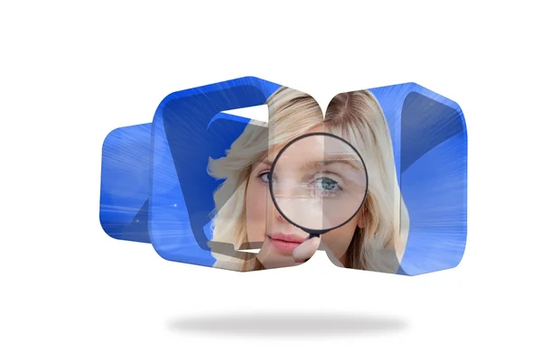 Blonde holding magnifying glass on abstract screen — Stock Photo, Image
