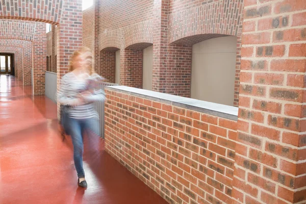 Ung student promenader i hallen håller mappar — Stockfoto