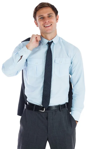 Hombre de negocios sonriente sosteniendo su chaqueta — Foto de Stock