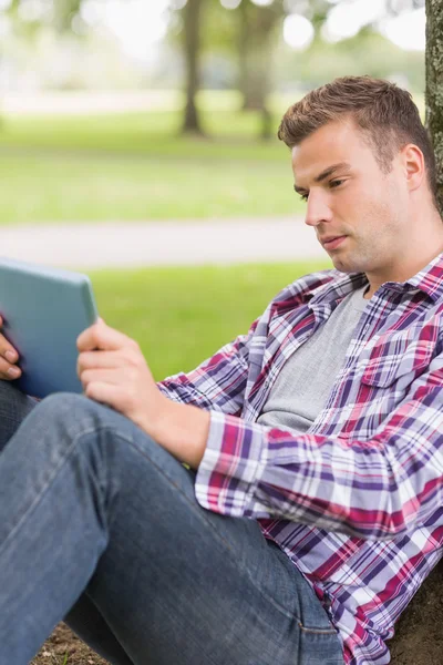 Étudiant sérieux à l'aide de sa tablette PC à l'extérieur appuyé sur l'arbre — Photo