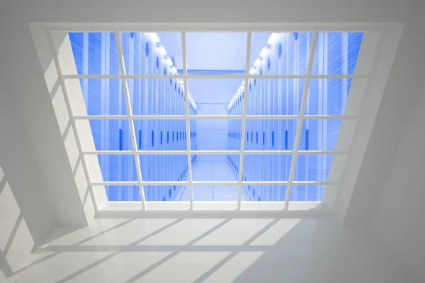 Server hallway seen through window — Stock Photo, Image