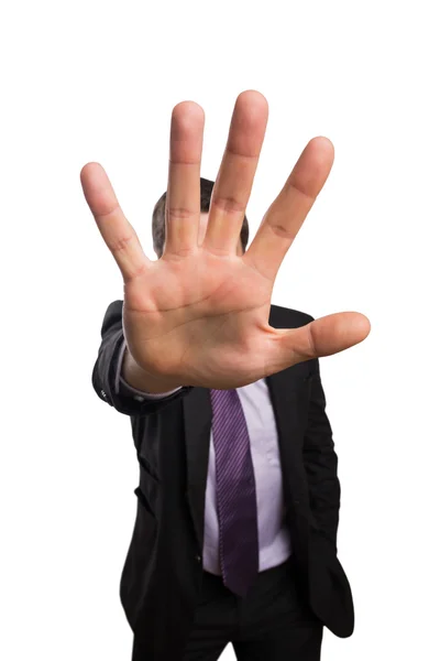 Close-up de um homem de negócios com gesto de stop — Fotografia de Stock