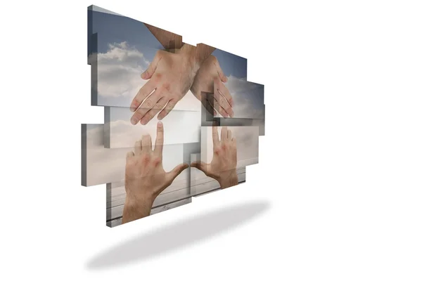 Hands making a house on abstract screen — Stock Photo, Image