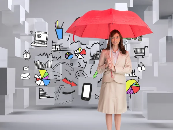 Attraente donna d'affari con ombrello rosso in mano — Foto Stock