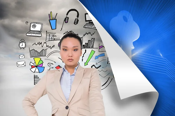 Composite image of unsmiling asian businesswoman pointing — Stock Photo, Image