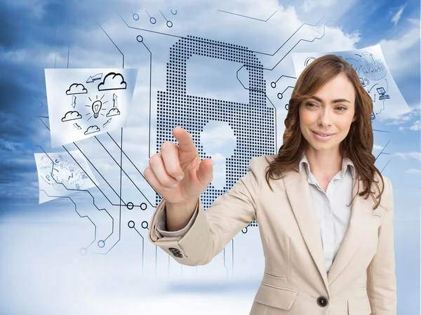 Businesswoman touching invisible screen — Stock Photo, Image