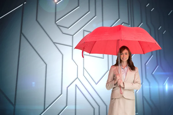 Imagem composta de mulher de negócios atraente segurando guarda-chuva vermelho — Fotografia de Stock