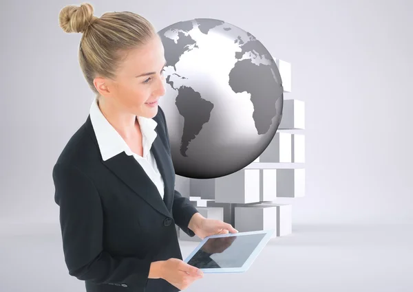 Composite image of businesswoman holding new tablet — Stock Photo, Image