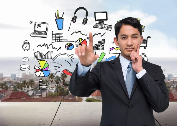 Composite image of thoughtful asian businessman pointing — Stock Photo, Image