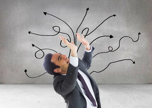 Composite image of stressed businessman with arms raised — Stock Photo, Image