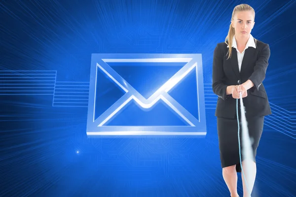 Composite image of businesswoman pulling a rope — Stock Photo, Image