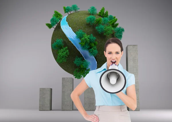 Composite image of furious classy businesswoman talking in megaphone — Stock Photo, Image