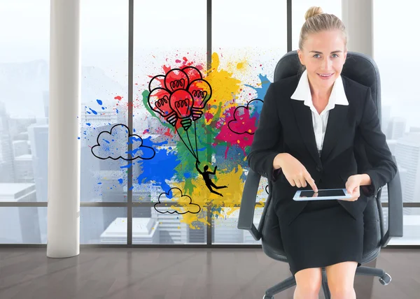 Composite image of businesswoman sitting on swivel chair with tablet — Stock Photo, Image