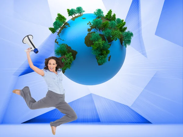 Classy businesswoman jumping while holding megaphone — Stock Photo, Image