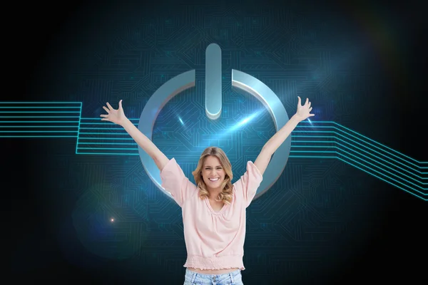 Smiling woman with her arms raised up — Stock Photo, Image