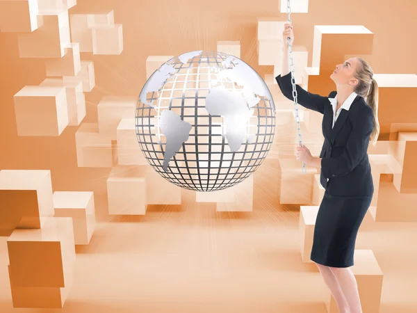 Composite image of businesswoman pulling a chain — Stock Photo, Image