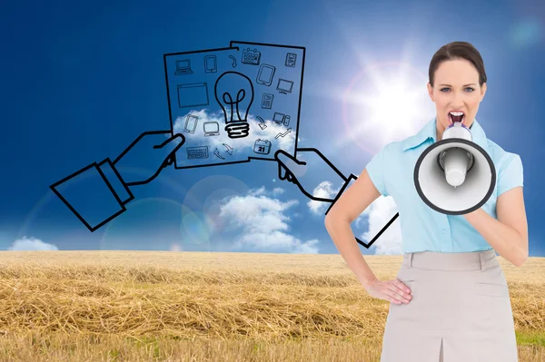 Composite image of furious classy businesswoman talking in megaphone — Stock Photo, Image