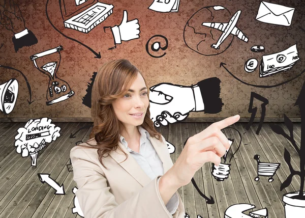 Composite image of businesswoman pressing an invisible key — Stock Photo, Image