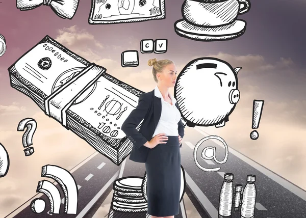 Samengestelde afbeelding van zakenvrouw permanent met handen op de heupen — Stockfoto