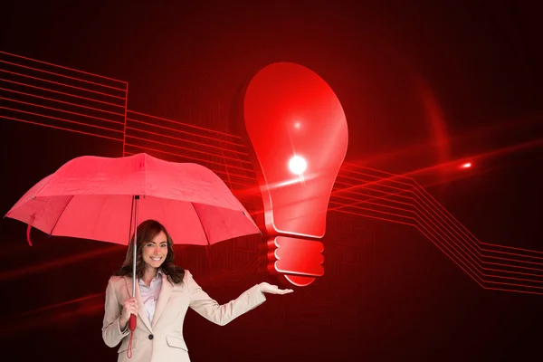 Imagem composta de mulher de negócios feliz segurando guarda-chuva — Fotografia de Stock